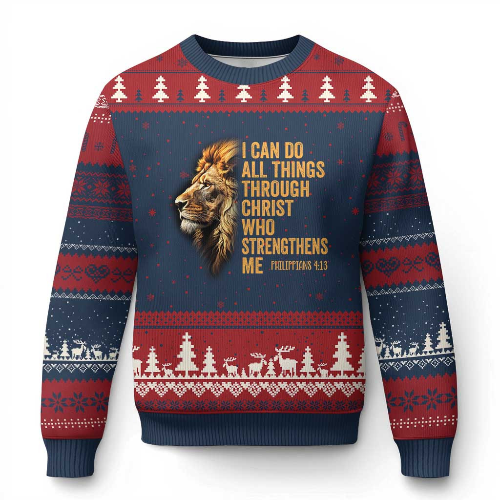 Lion Strengthens Ugly Christmas Sweater Religious Lion Best Faith Gift For Brother