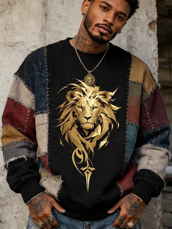 Lion Sword Sweatshirt Men Colorblock Patchwork Pattern Graphic Clothing Best Gift For Men