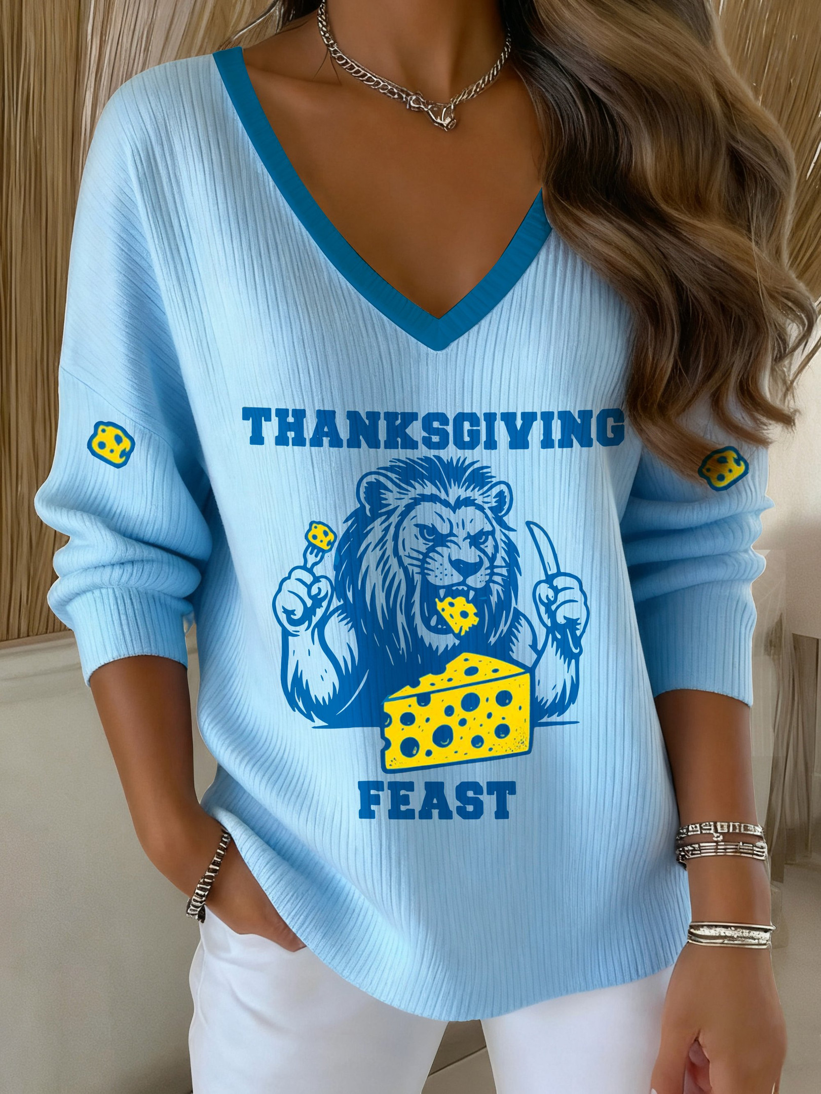 Lion Thanksgiving Feast V-Neck Long Sleeve Shirt Happy Thanksgiving Merch Best Gifts