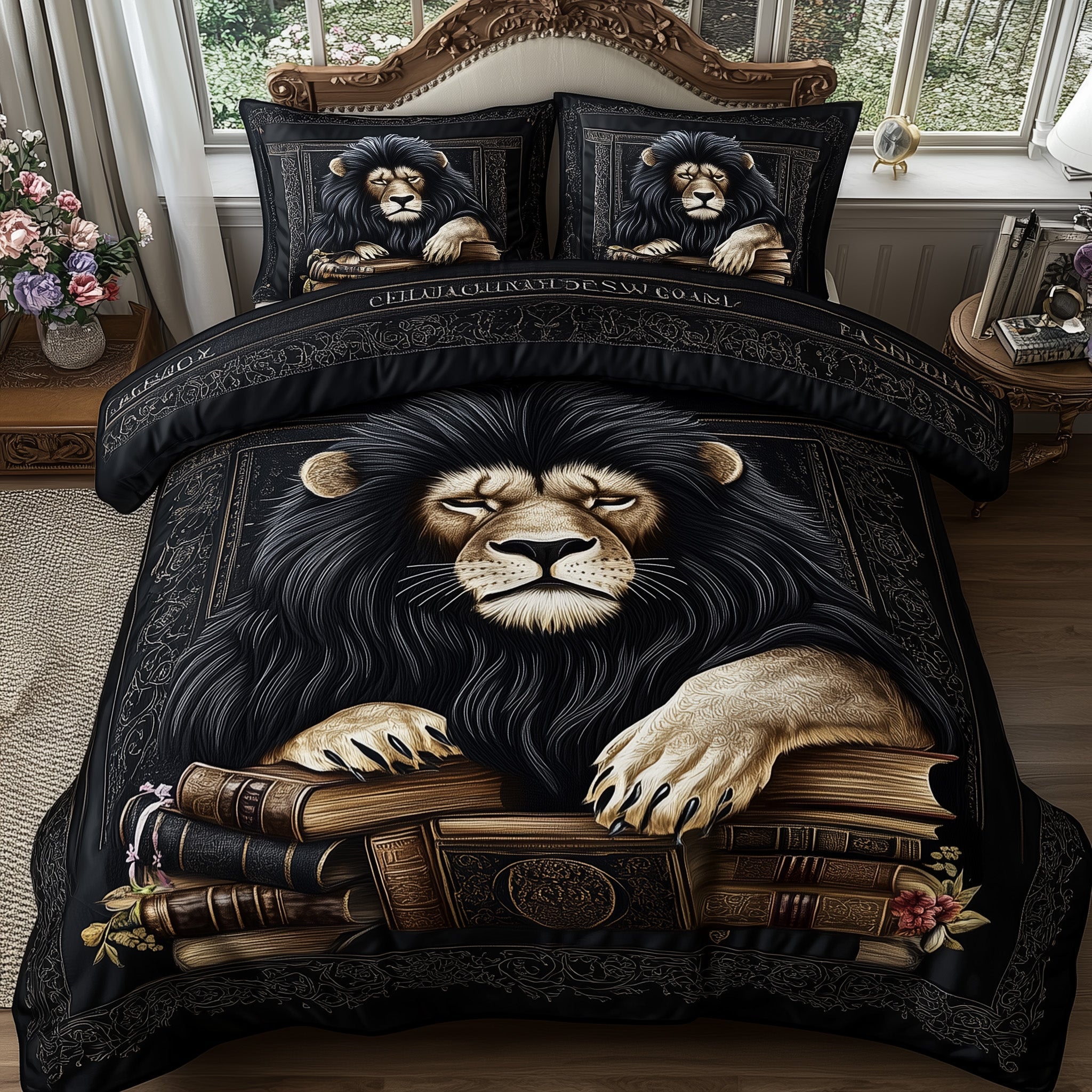 Lions Library Quilted Bedding Set Classic Lion Decor Best Wildlife Design Gifts