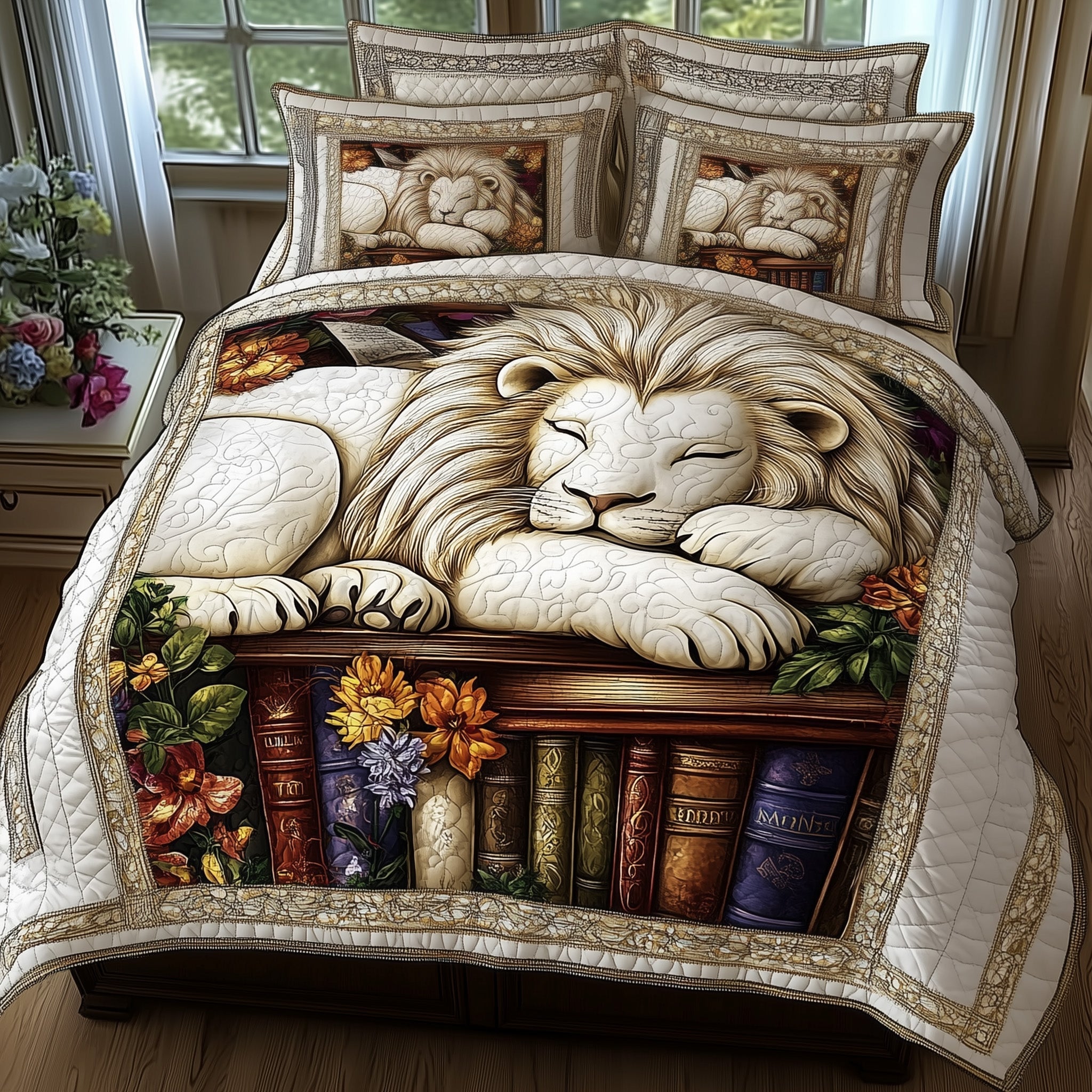 Lions Library Quilted Bedding Set Classic Resting Lion Decor Peaceful Lion Design Gifts