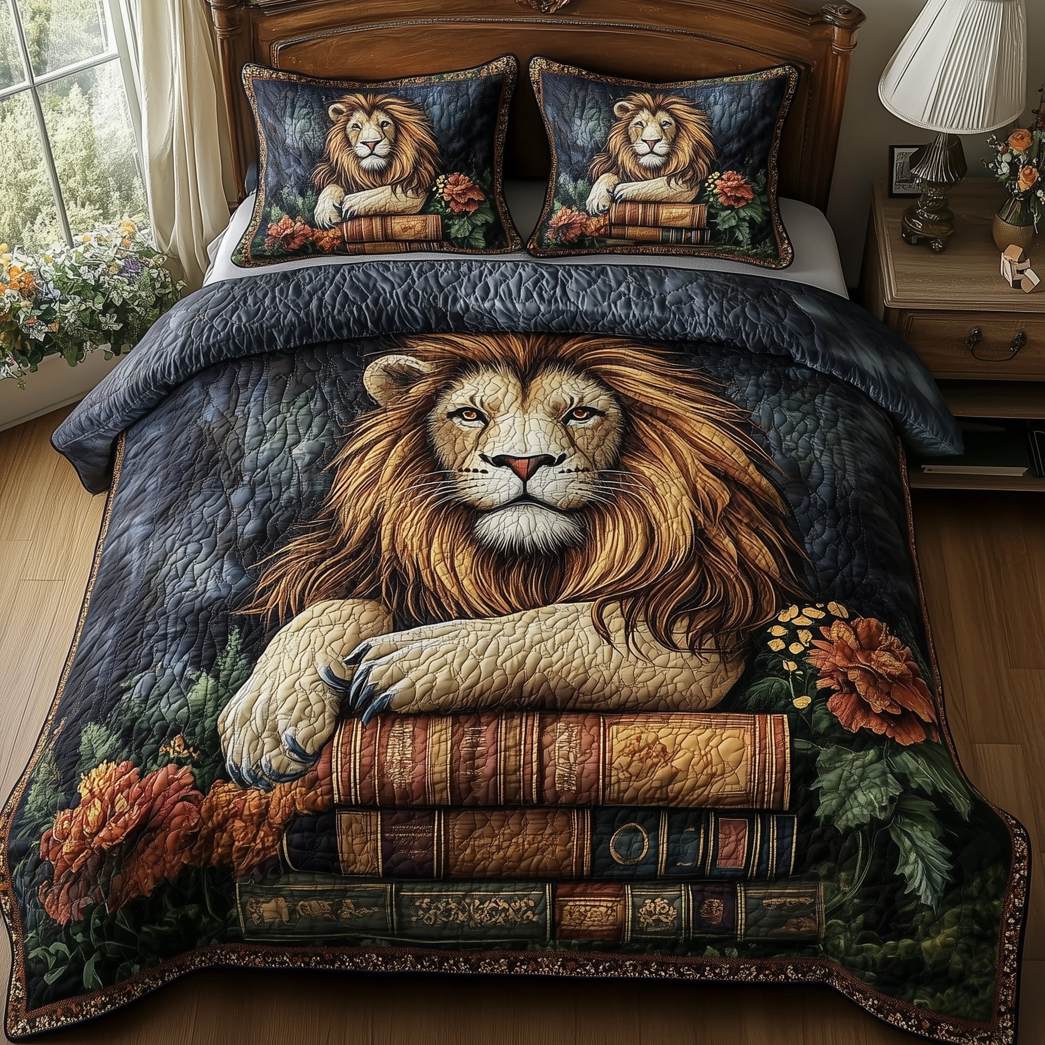 Lions Library Quilted Bedding Set Lion Reading Room Decor Peaceful Animal Themed Gifts