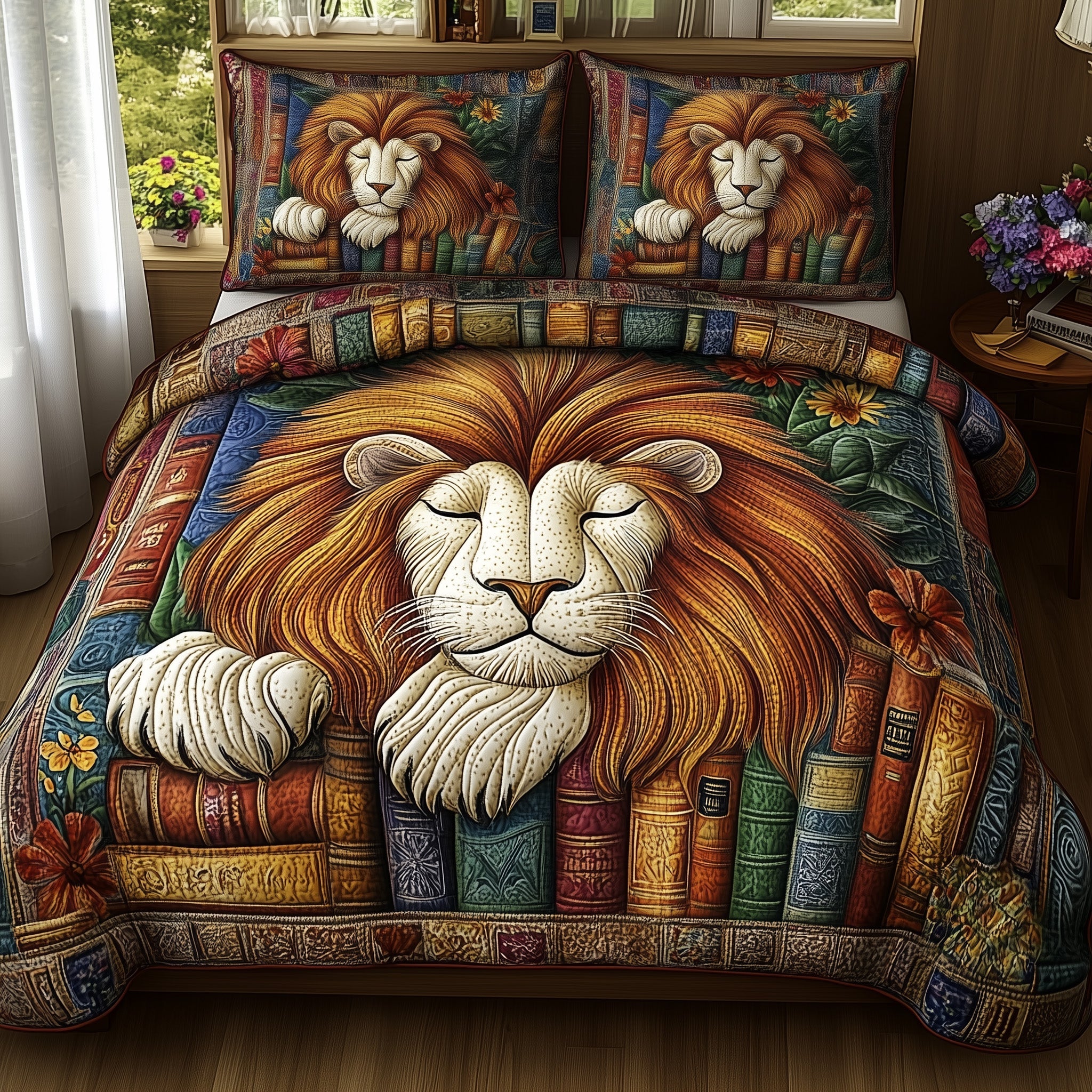 Lions Library Quilted Bedding Set Resting Lion With Books Decor Bedding Gifts For Lion Lovers