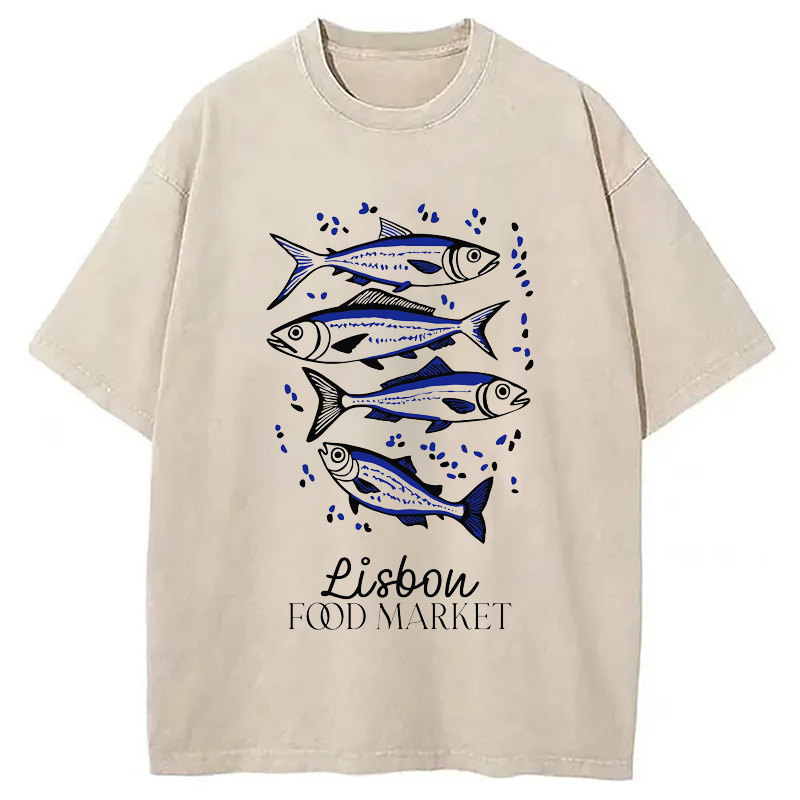 Lisbon Food Market Washed T-Shirt Unique Aesthetic Fashion Tee Gifts For Sister