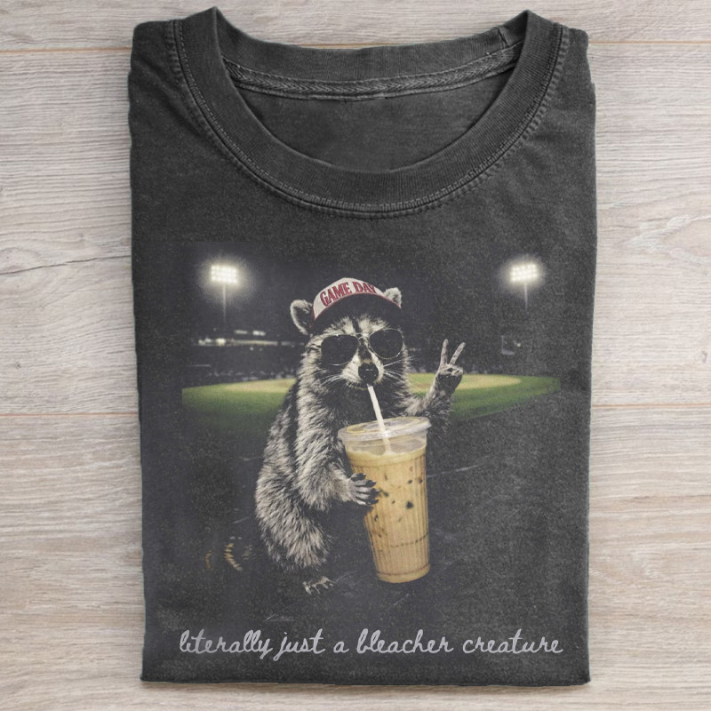 Literally Just A Bleacher Creature T-Shirt Raccoon Drinking Iced Coffee Clothing Gift Ideas