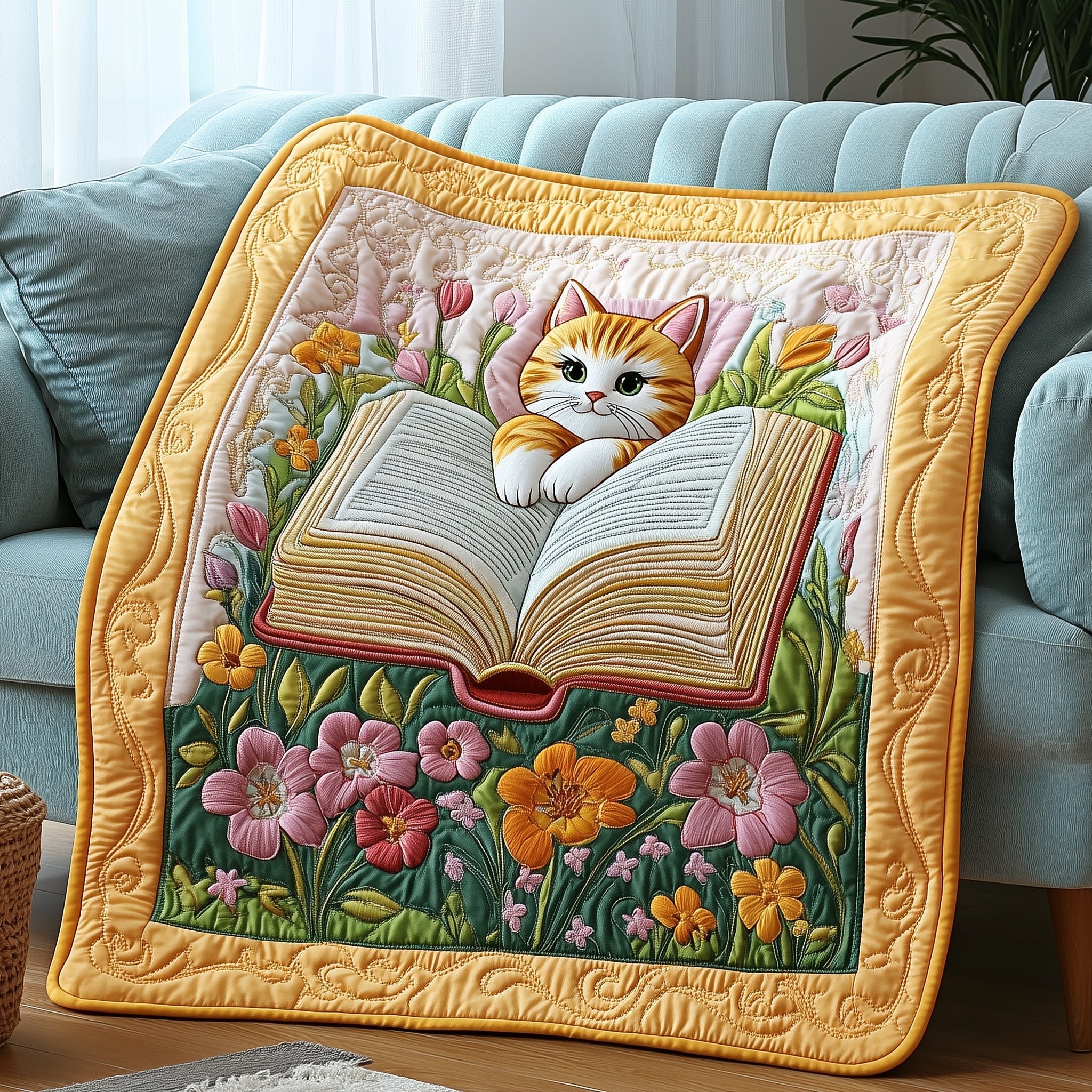 Literary Cat Haven Quilted Blanket Cute Bed BlanketCat Related Gifts Christmas