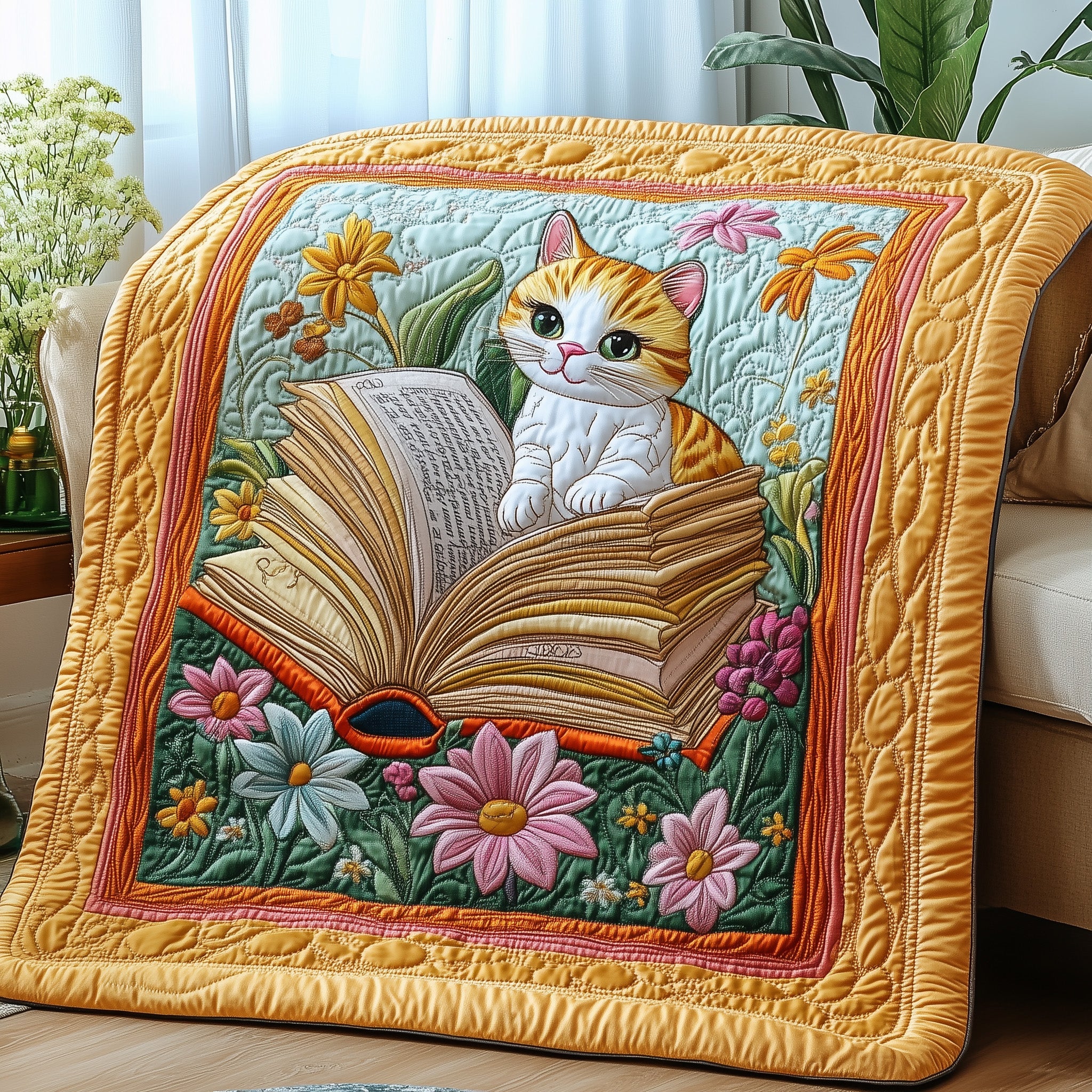 Literary Cat Haven Quilted Blanket Cute Bed BlanketPresent For Someone Who Loves Cats
