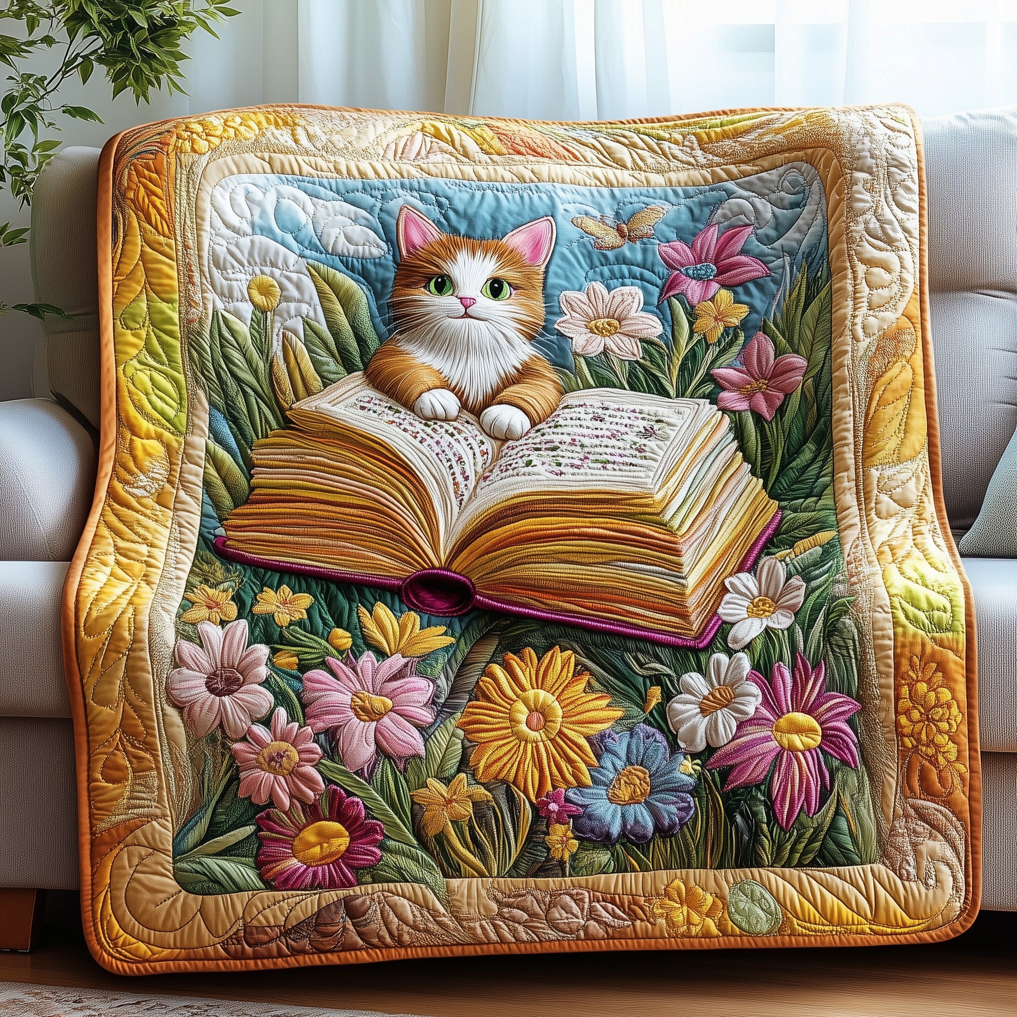 Literary Cat Haven Quilted Blanket Cute Bed BlanketPresents For People Who Like Cats
