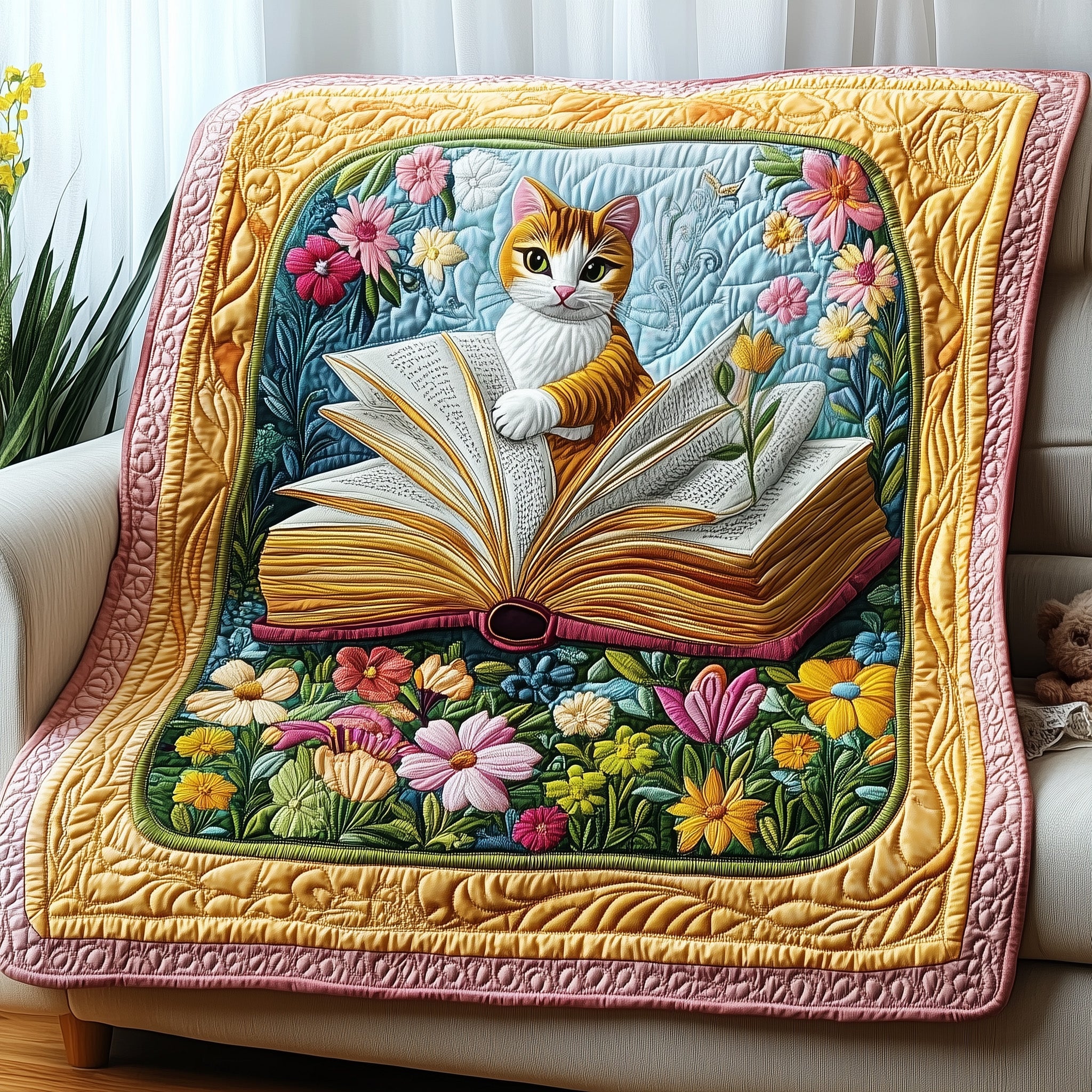 Literary Cat Haven Quilted Blanket Cute Bed BlanketWeird Gifts For Cat Lovers
