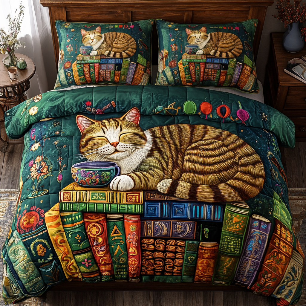 Literary Cat Retreat Quilted Bedding Set Modern Bedding Set to Upgrade Your Bedroom