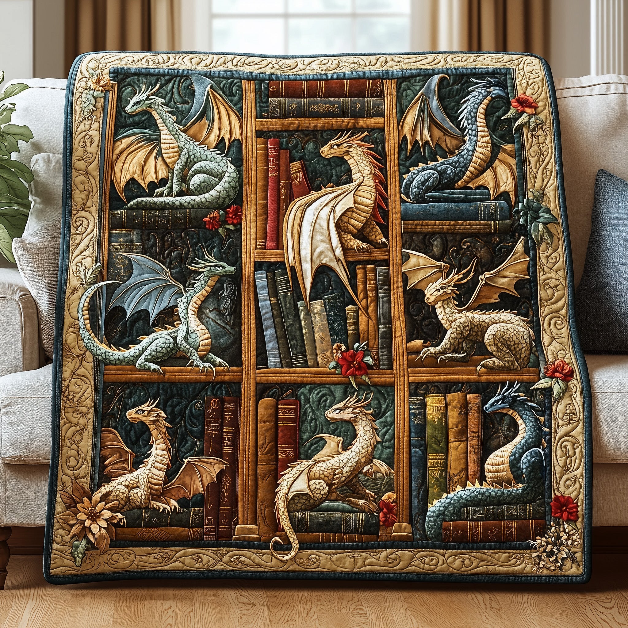 Literary Guardian Quilted Blanket Merchandise Throw BlanketBook Great Dragon Lover Gifts