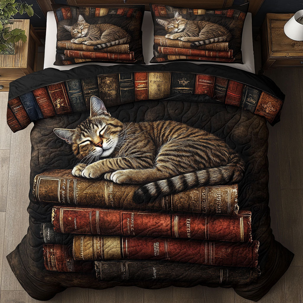 Literary Kitty Quilted Bedding Set Best Bed Sheet Set Book Lover Gifts For Girlfriend