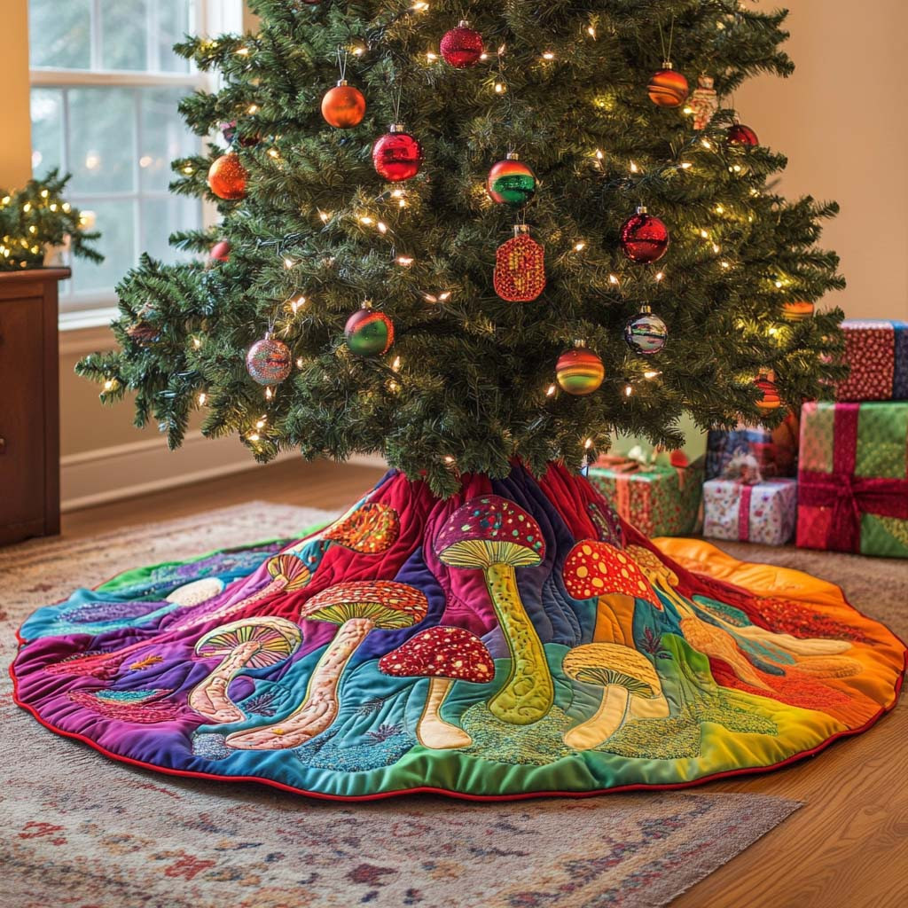 Little Fungi Hideaway Christmas Quilted Tree Skirt Nature Vibe Christmas Tree Decorations