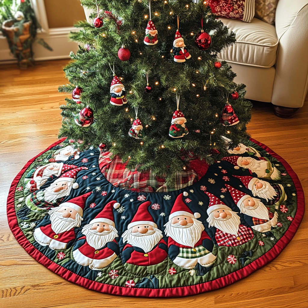 Little Gnome Christmas Quilted Tree Skirt Xmas Home Decor Gifts For Gnome Lovers