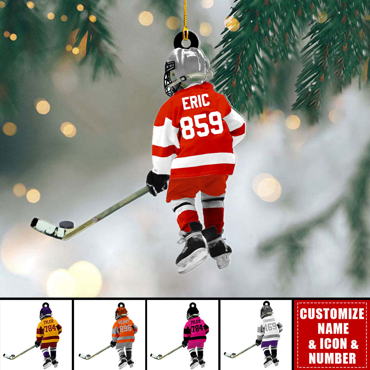 Little Hockey Player Personalized Christmas Acrylic Ornament  Custom Name Number Hockey Lovers Ornament