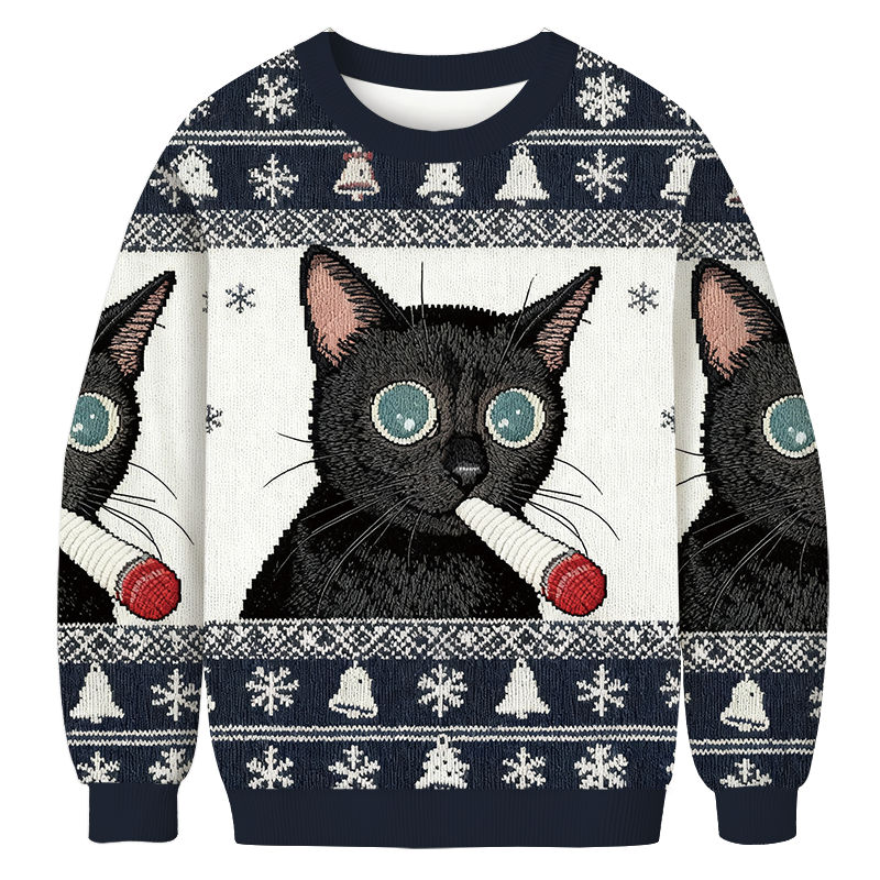 Little Kitten Funny Smoking Christmas Ugly Sweatshirt Festive Xmas Winter Sweater Gift Ideas