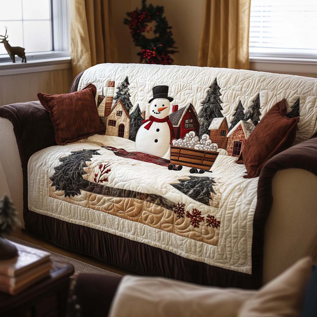 Little Town Quilted Sofa Cover Winter Living Room Decor Unique Gifts Family