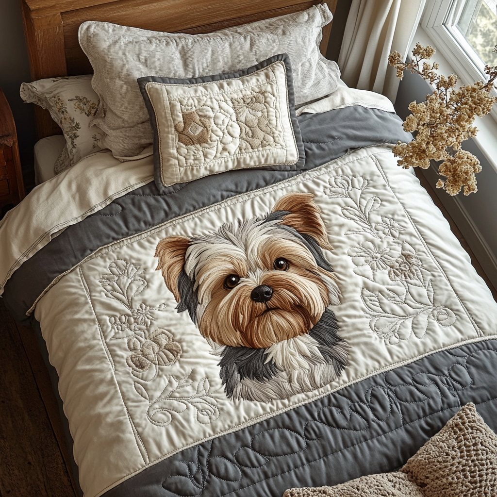 Little Yorkie Quilted Bedding Set Unique Bedding Gift for Family Gatherings
