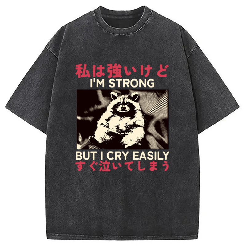 LittleSpring I Am Strong Raccoon Washed T-Shirt Retro Streetwear Graphic Top Gifts For Besties