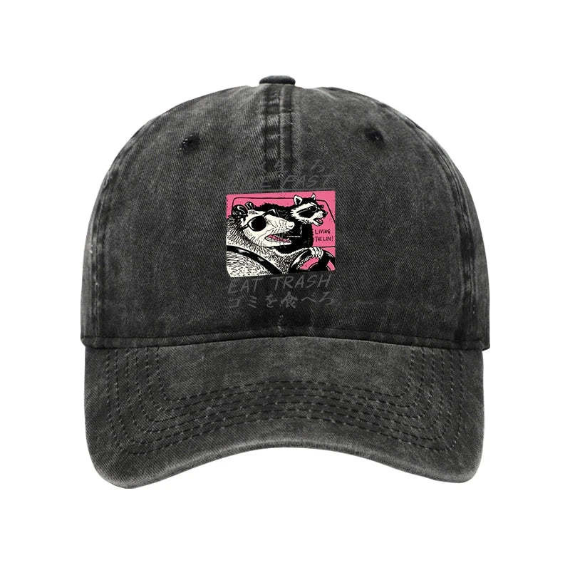 Live Fast Eat Trash Washed Hat Animal Pattern Unique Baseball Cap Raccoon Lover Gifts
