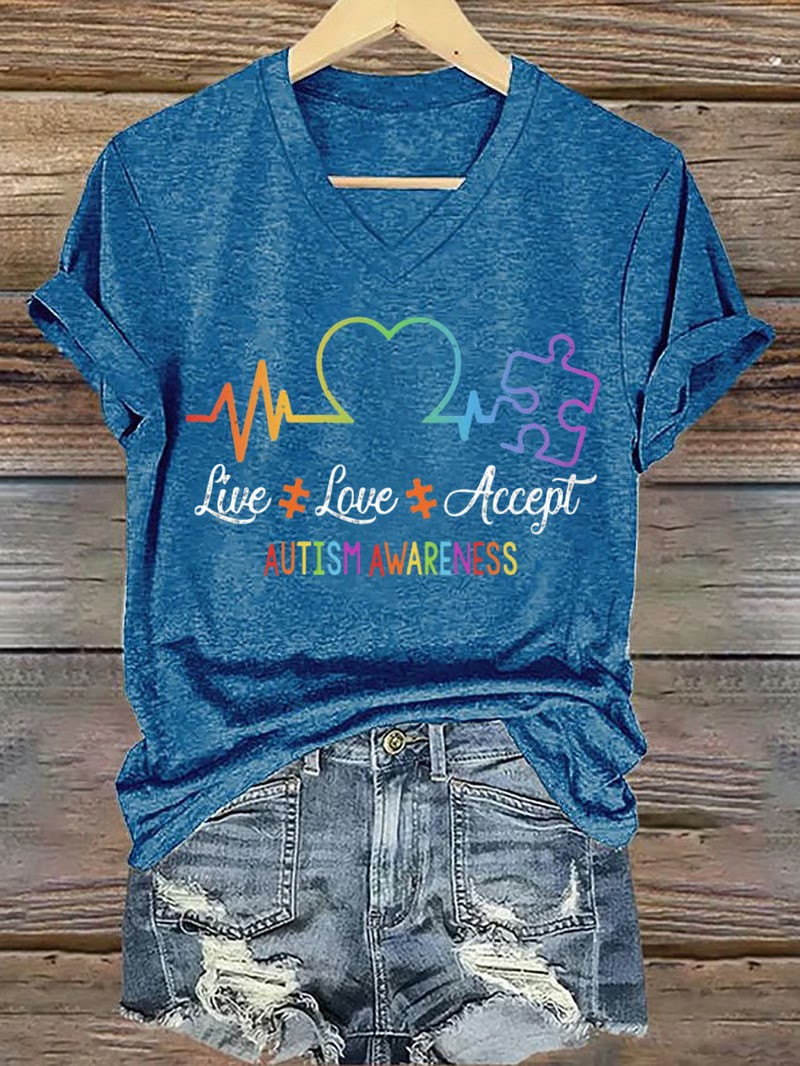 Live Love Accept Autism Awareness V-Neck Shirt Heartbeat Puzzle Acceptance Month Gift For Families