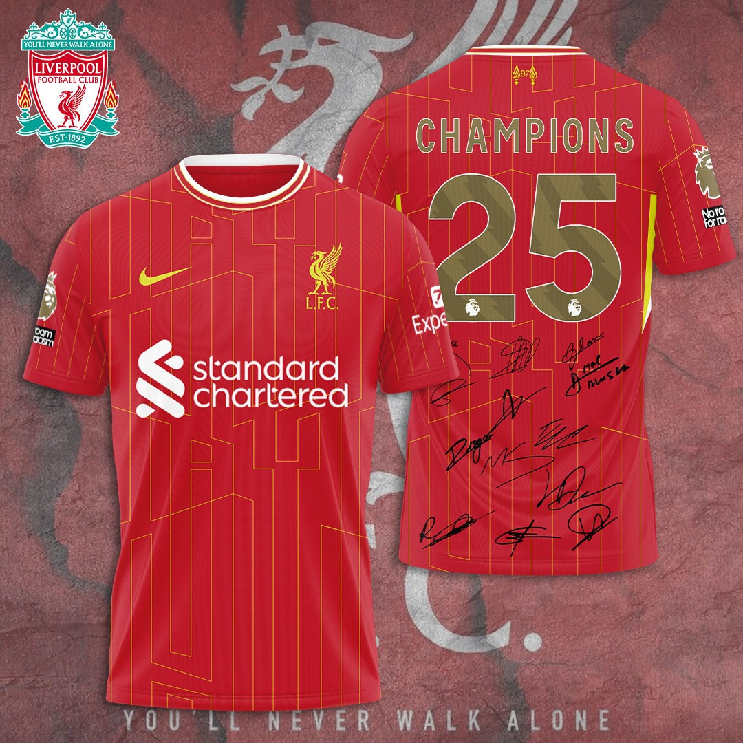 Liverpool F.C 2025 Premier League Champions Signature T-Shirt Presents For Soccer Lovers
