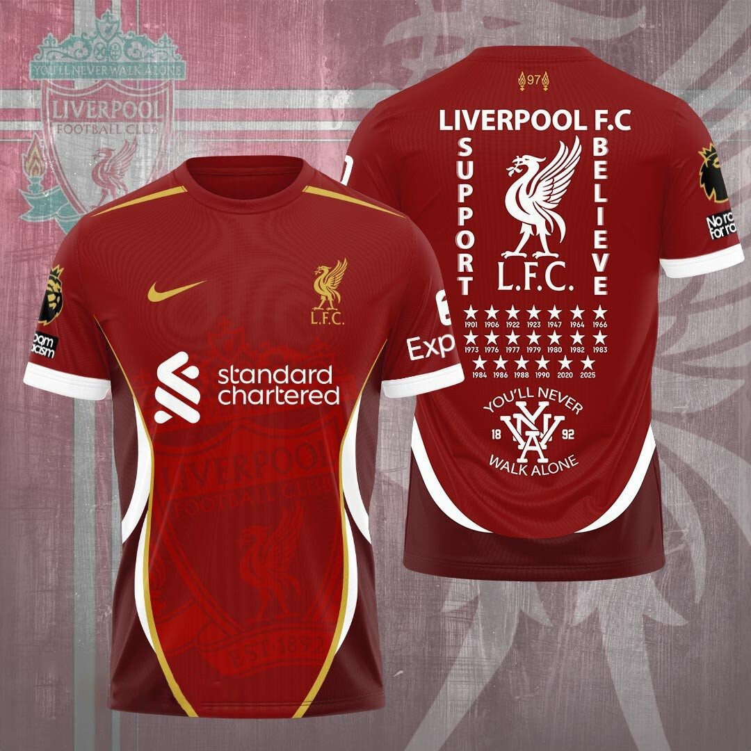 Liverpool Merch Champions Premier League 2025 Shirt L.F.C. You'll Never Walk Alone Apparel