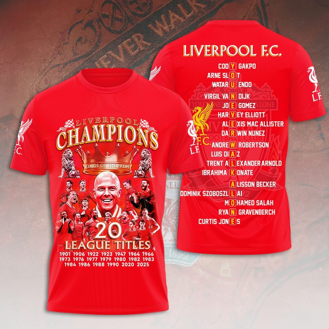 Liverpool Merch Champions Premier League 2025 Shirt Red 20 Titles Winners L.F.C Fan Gifts