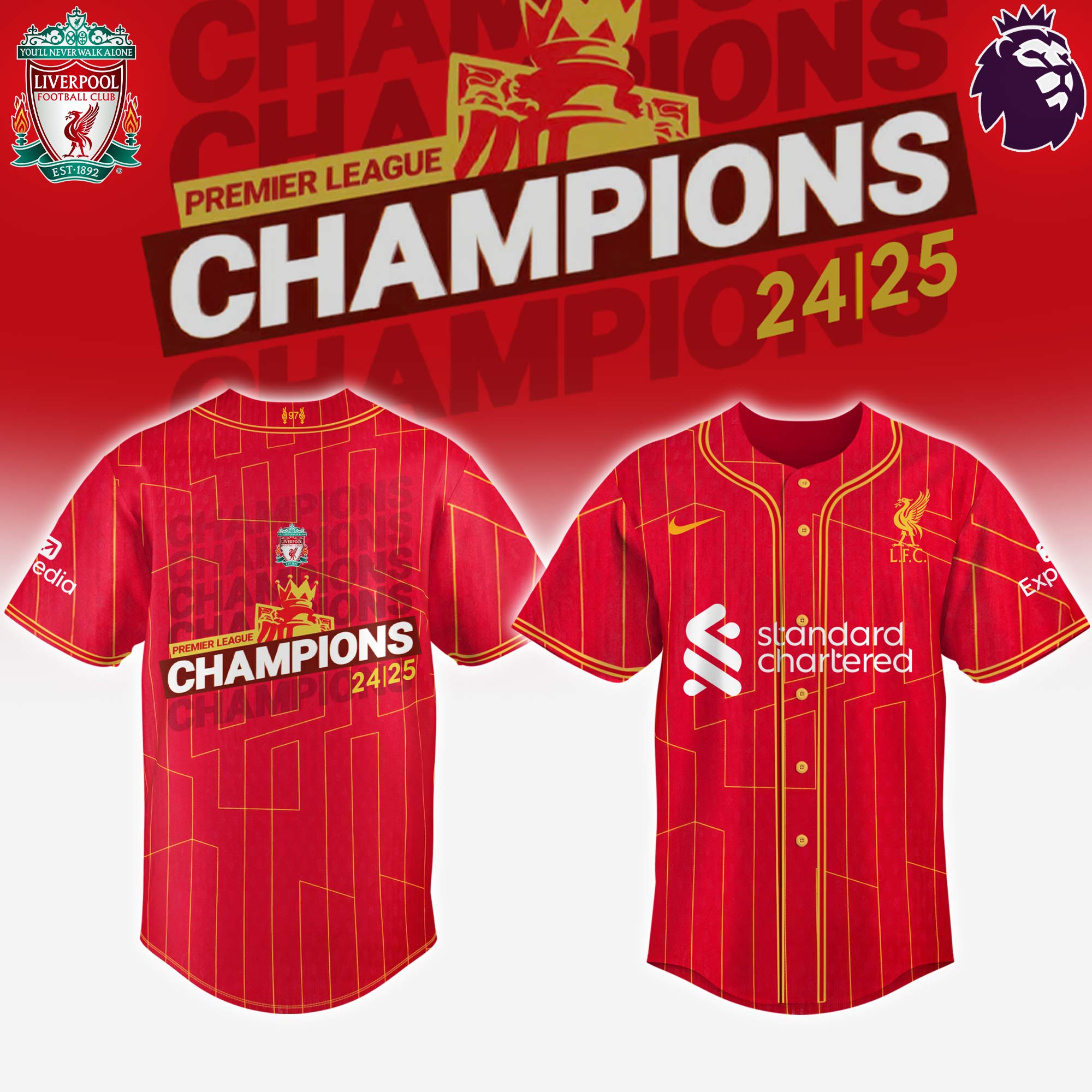 Liverpool Premier League Champions 2024/25 Season Baseball Jersey Best Gifts For Football Players