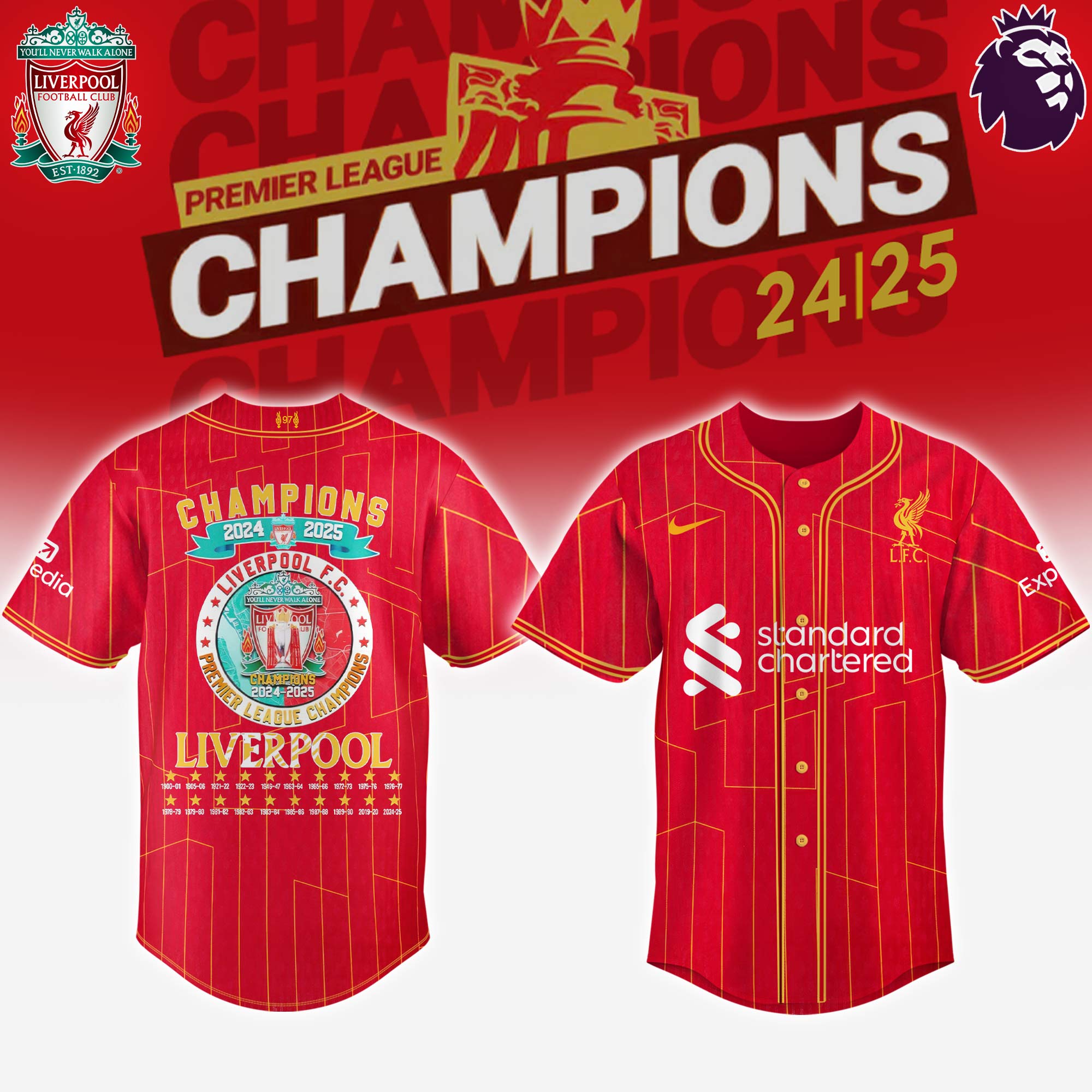 Liverpool Premier League Champions 2024/25 Season Baseball Jersey Best Presents For Football Fans