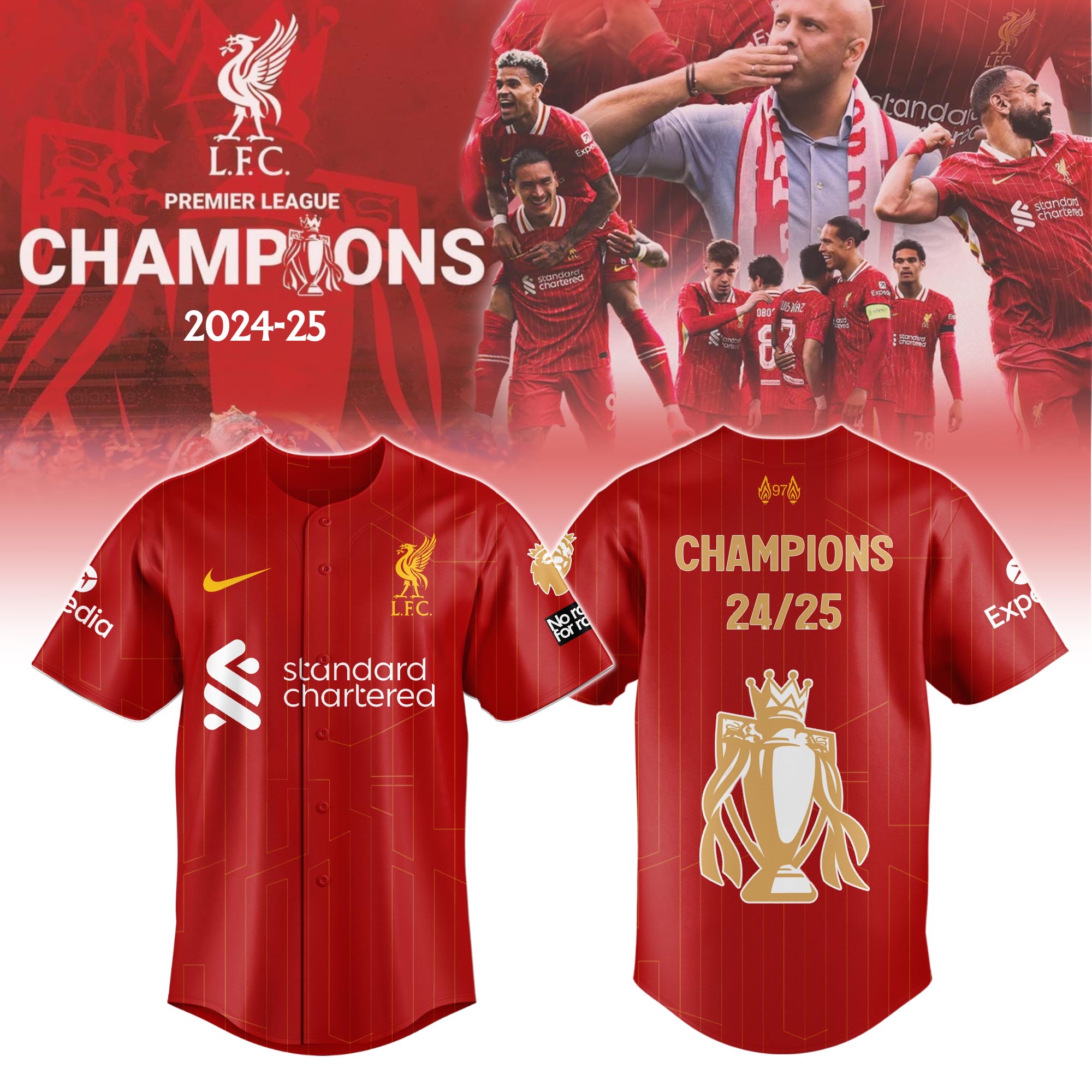 Liverpool Premier League Champions 2024/25 Season Baseball Jersey Gift Ideas For Football Players