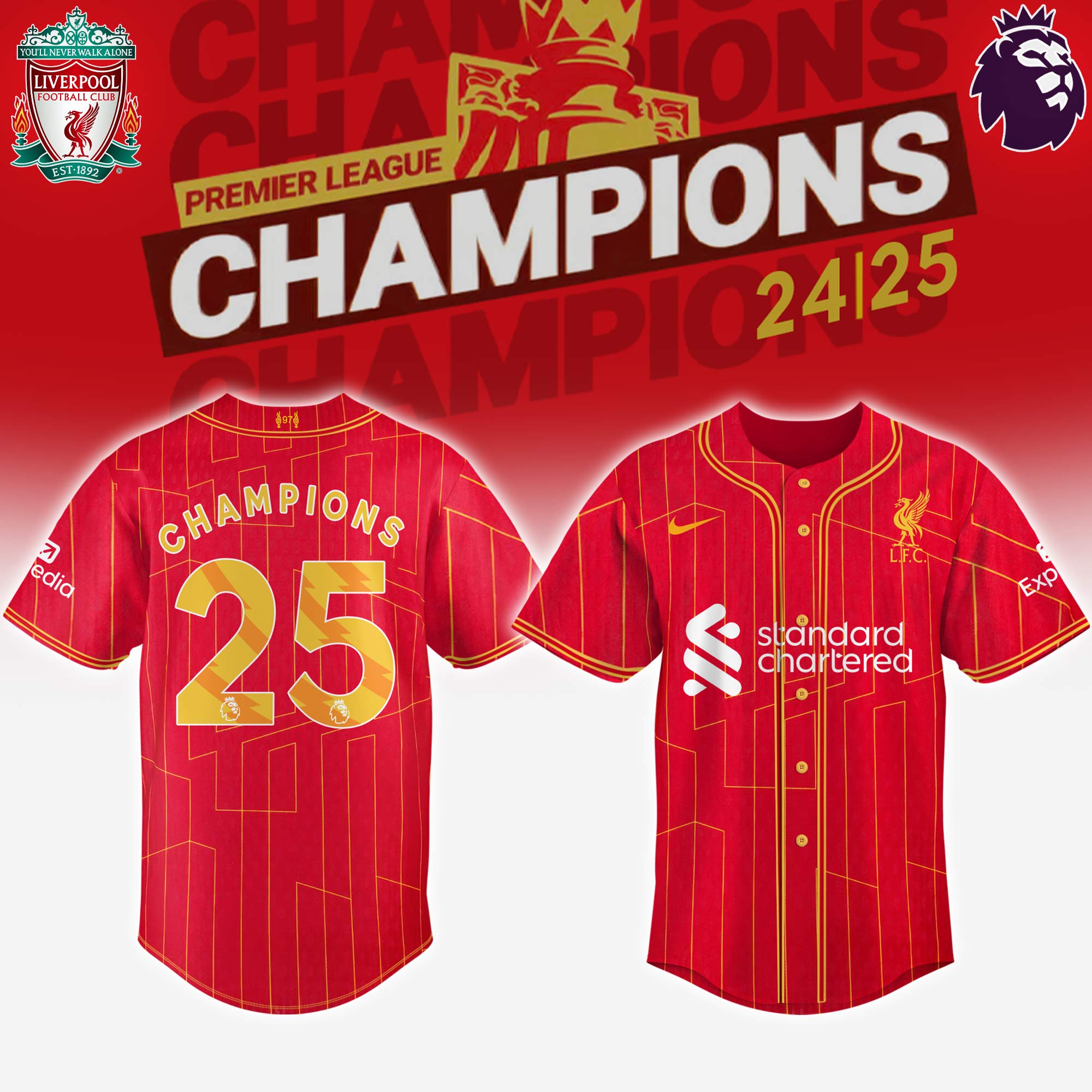 Liverpool Premier League Champions 2024/25 Season Baseball Jersey Gifts For Football Player