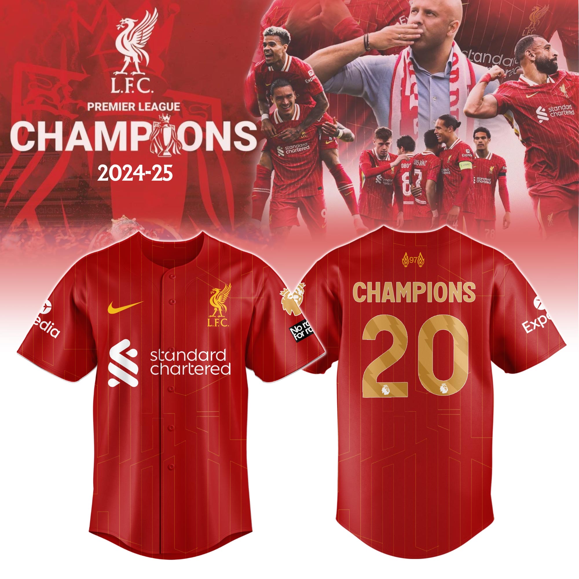 Liverpool Premier League Champions 2024/25 Season Baseball Jersey Gifts For Football Players