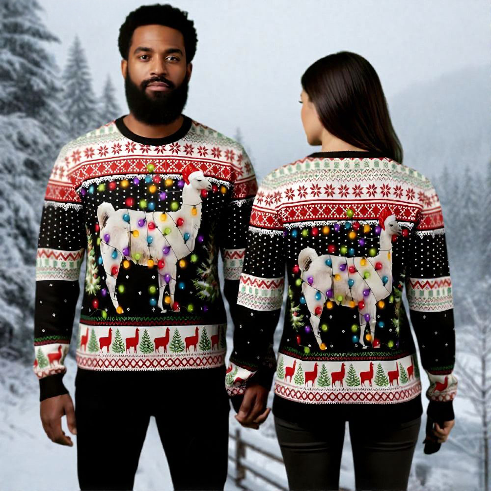 Llama Christmas Lights Ugly Christmas Sweater Animal Themed Xmas Gifts For Llama Lovers