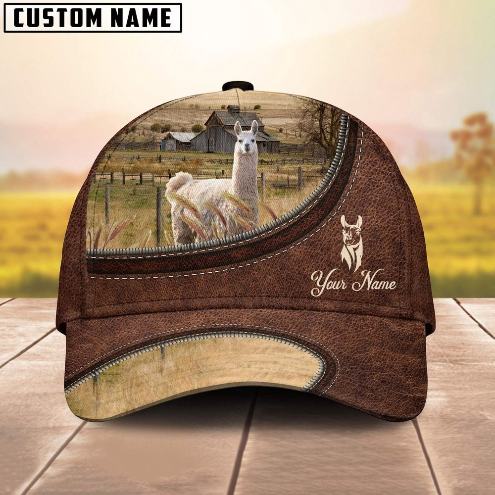 Llama On The Farm Customized Name Leather Pattern Cap Farm Cap Farmer Baseball Cap Gift For Farmer