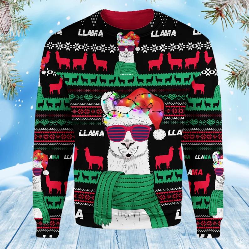 Llama Wearing Santa's Hat Ugly Christmas Sweater Cute Winter Clothes Gifts For Llama Lovers