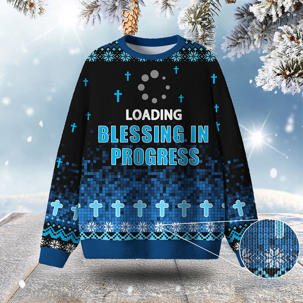 Loading Blessing In Progress Ugly Christmas Sweater Holy Cross Pattern Xmas Apparel Gifts
