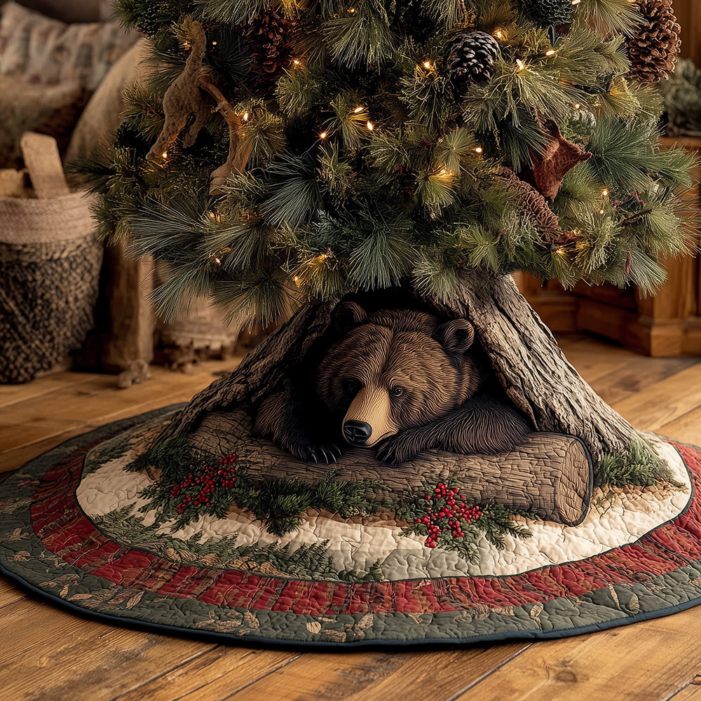 Log Cabin Bear Nap Christmas Quilted Tree Skirt Xmas Home Decor Bear Gifts For Her
