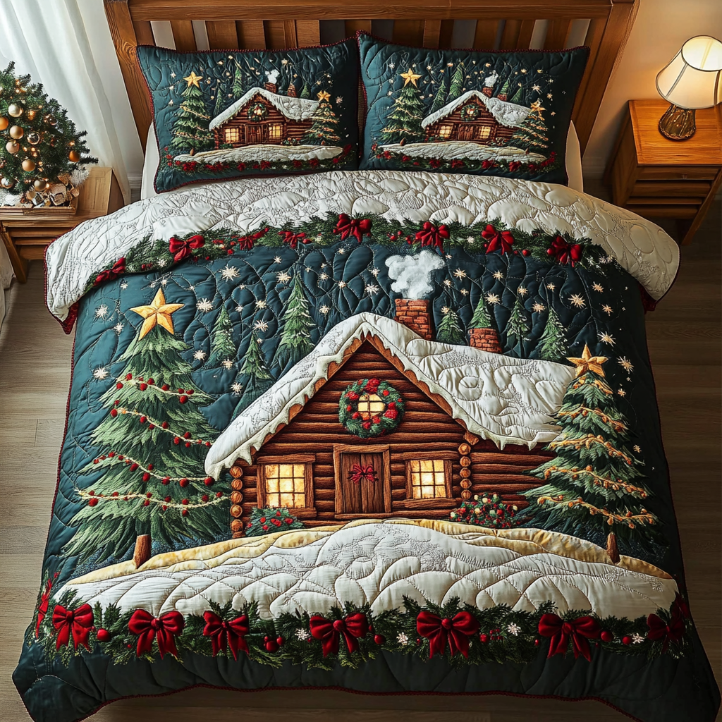 Log Cabin Dream Quilted Bedding Set Holiday Season Duvet Cover Set Christmas Gifts For Women