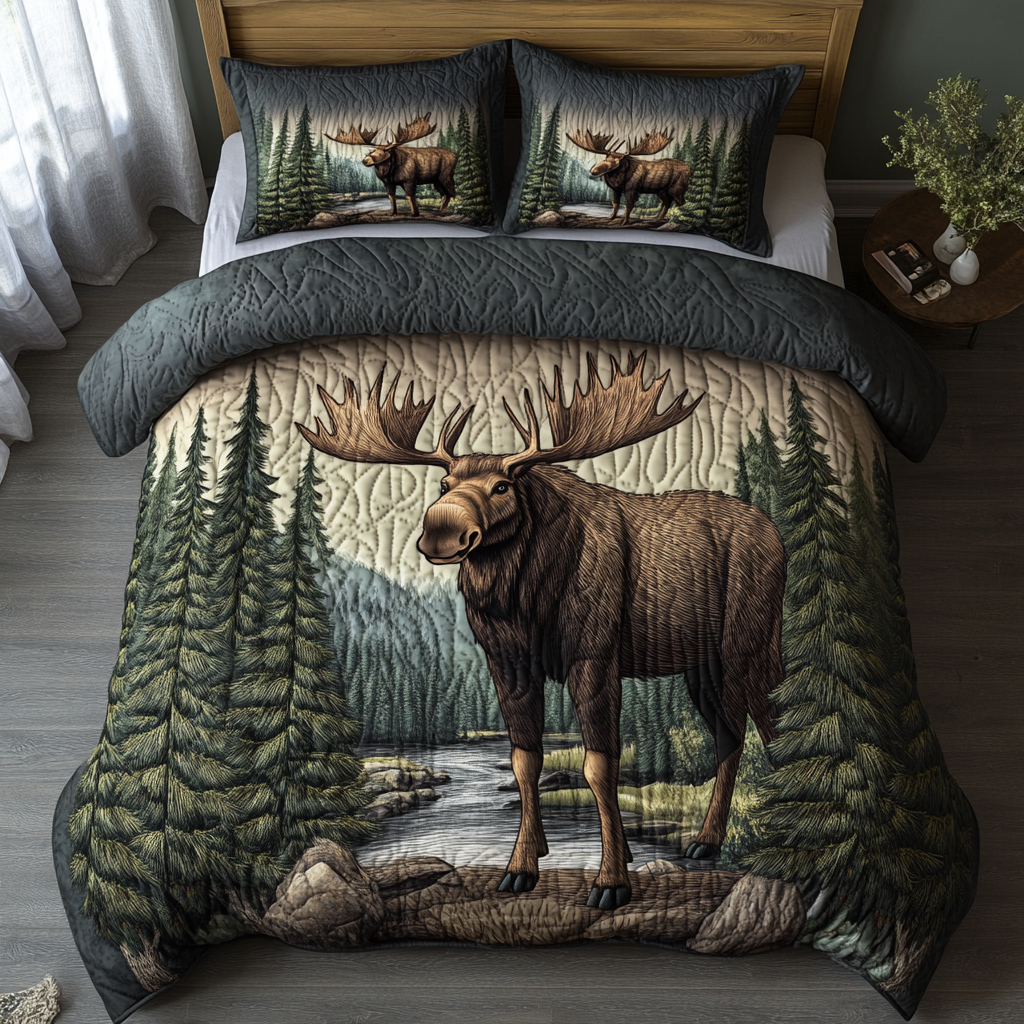 Lone Moose Quilted Bedding Set Cozy Bedroom Decor Gifts For Moose Lovers