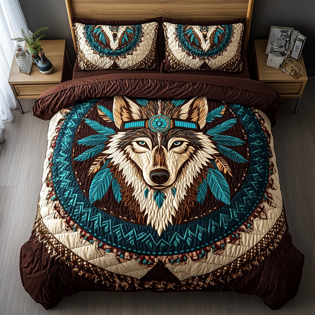 Lone Wolf Quilted Bedding Set Cozy Bedroom Decor Unique Gifts For Wolf Lovers