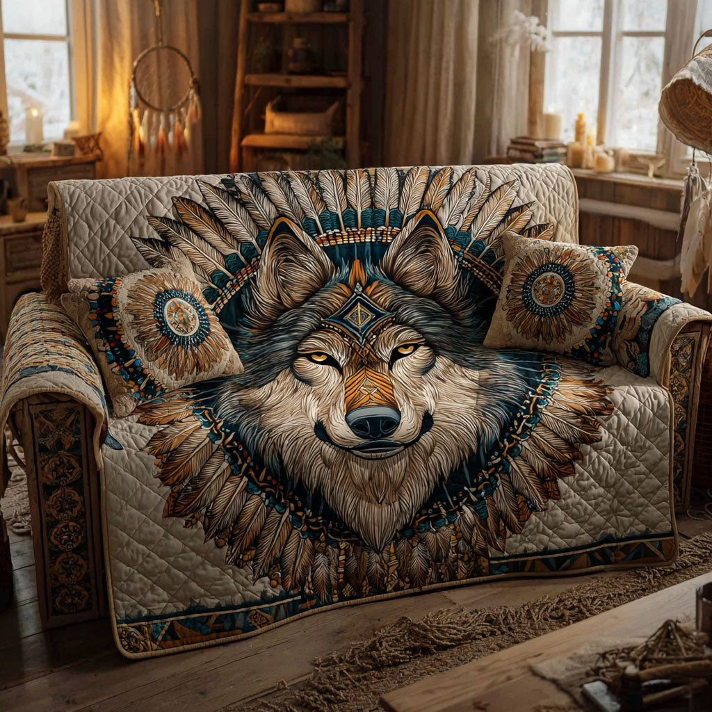 Lone Wolf Quilted Sofa Cover Living Room Decorations Native American Themed Gifts