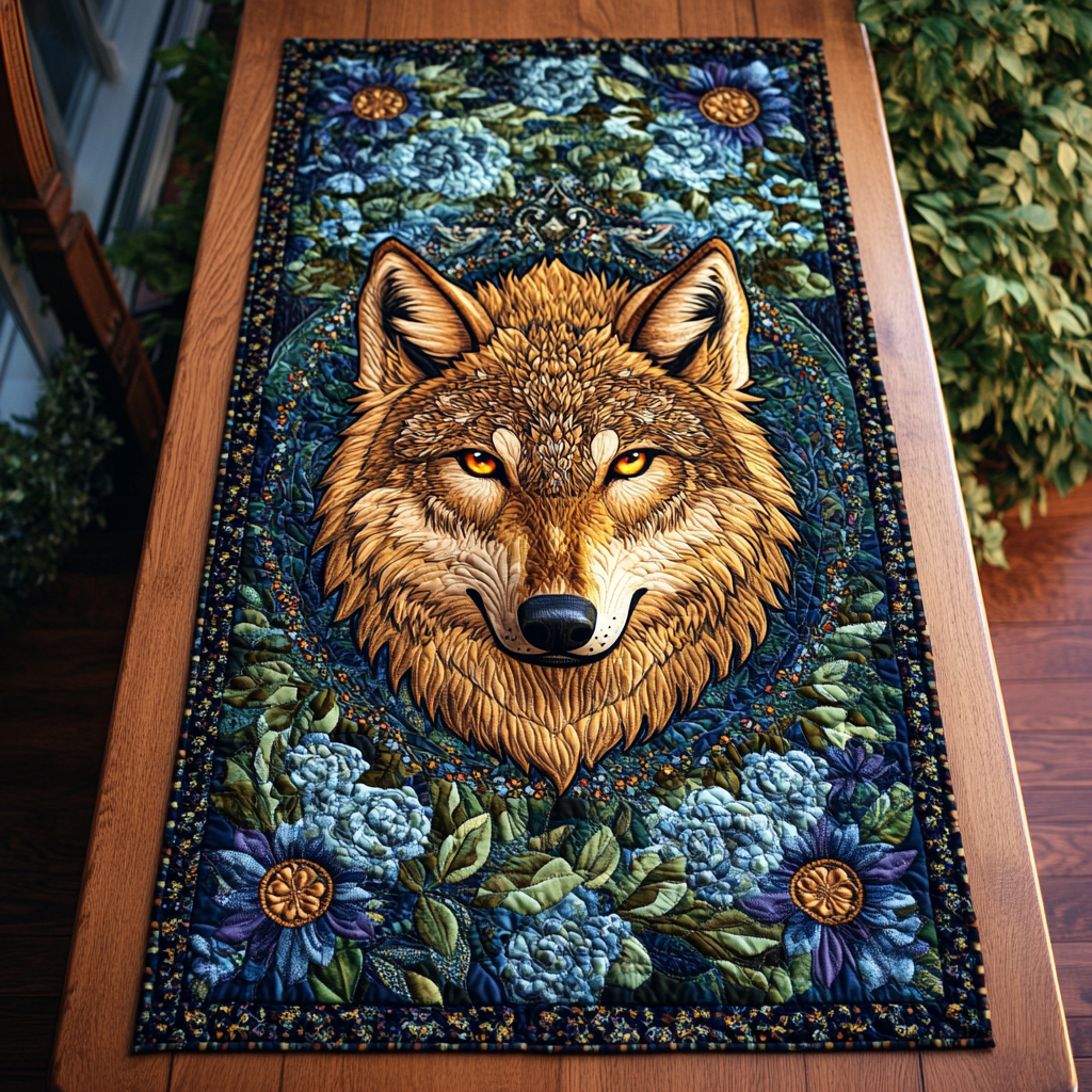 Lone Wolf Quilted Table Runner Dinner Table Decor Unique Gifts For Wolf Lovers
