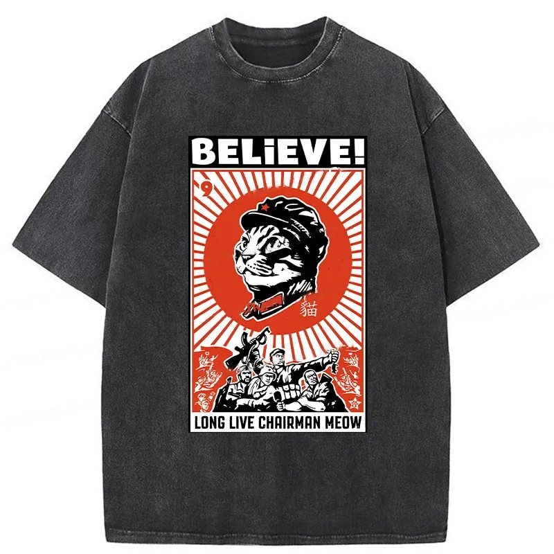 Long Live Chairman Meow Washed T-Shirt Soft Comfortable Daily T Shirt Gifts For Friends