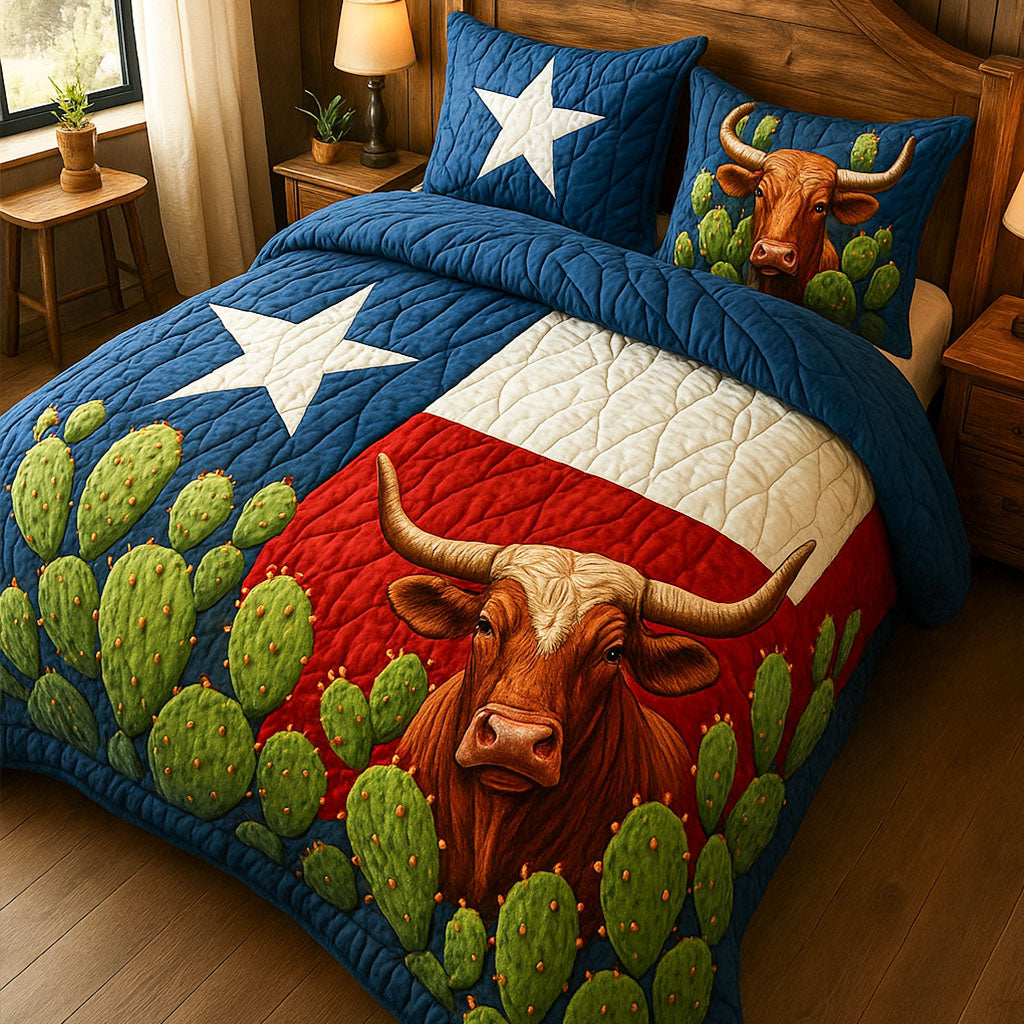 Longhorn and Cactus Quilted Bedding Set Aesthetic Room Decor Cactus Related Gifts For Friends