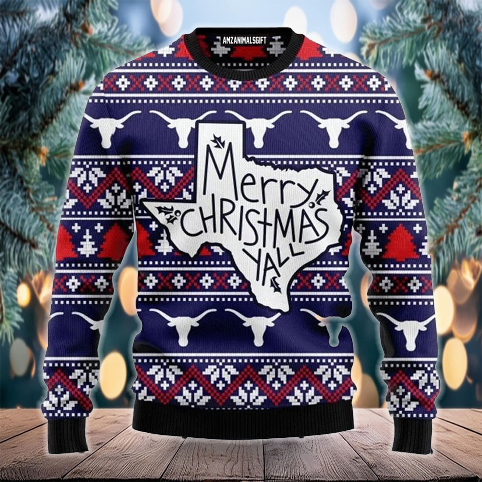 Longhorn Buffalo Christmas Ugly Sweater Merry Christmas Yall Sweater Gifts For Dudes