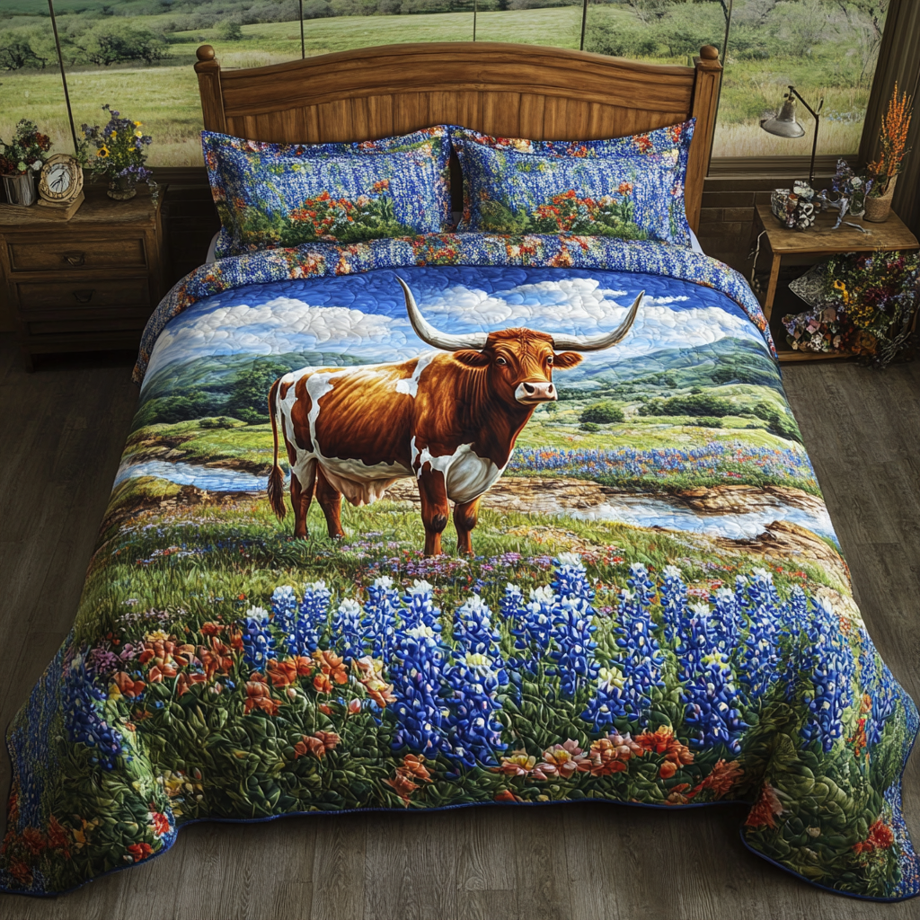 Longhorn Cow Charm Quilted Bedding Set Holiday Duvet Covers Unique Gifts For Cow Lovers
