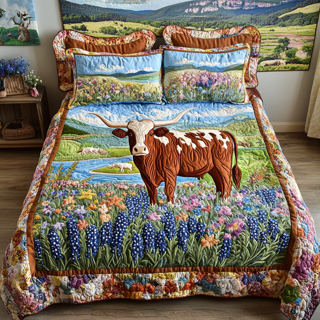 Longhorn Cow Glory Quilted Bedding Set Cute Room Decor Presents For Cow Lovers