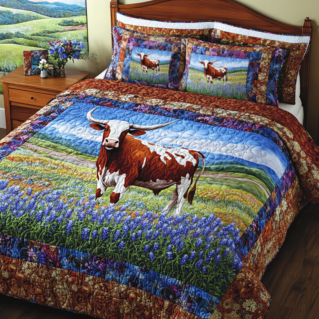 Longhorn Cow Heritage Quilted Bedding Set Best Bedspread Set Cow Themed Gifts