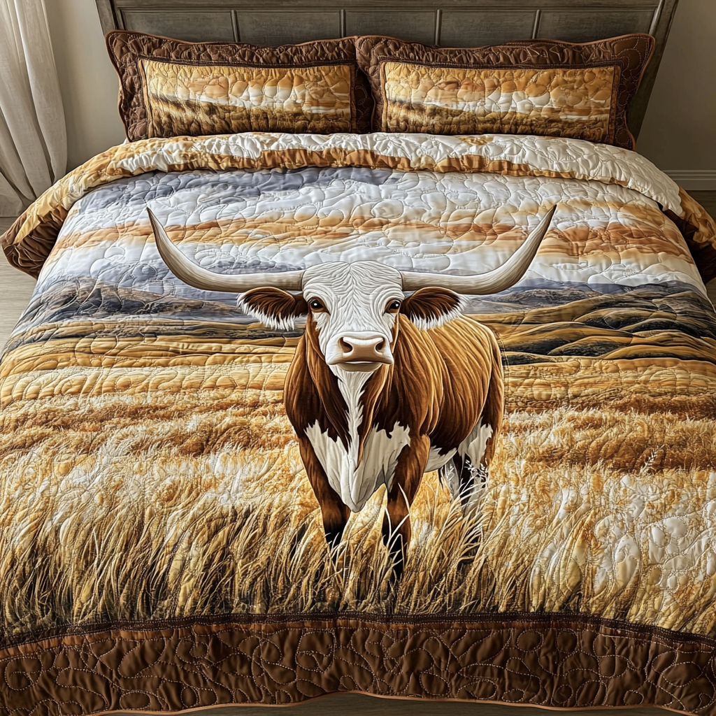 Longhorn Cow Spirit Quilted Bedding Set Cute Bedroom Decor Best Gifts For Cow Lovers